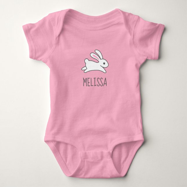 Cute Running Bunny Rabbit Custom Name Baby Bodysuit (Front)