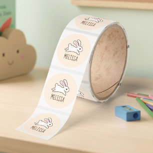 Cute Running Bunny Rabbit Custom Name Beige Classic Round Sticker
