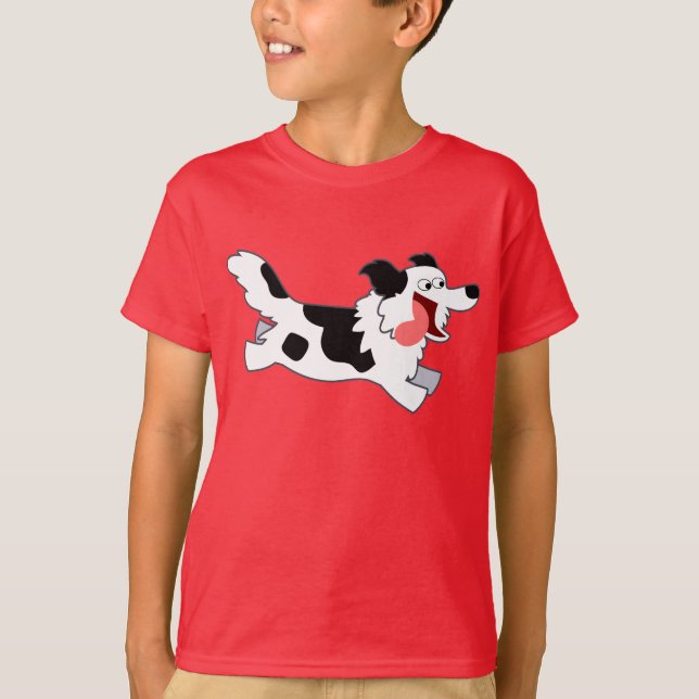 Cute Running Cartoon Border Collie Kids T-Shirt (Front)