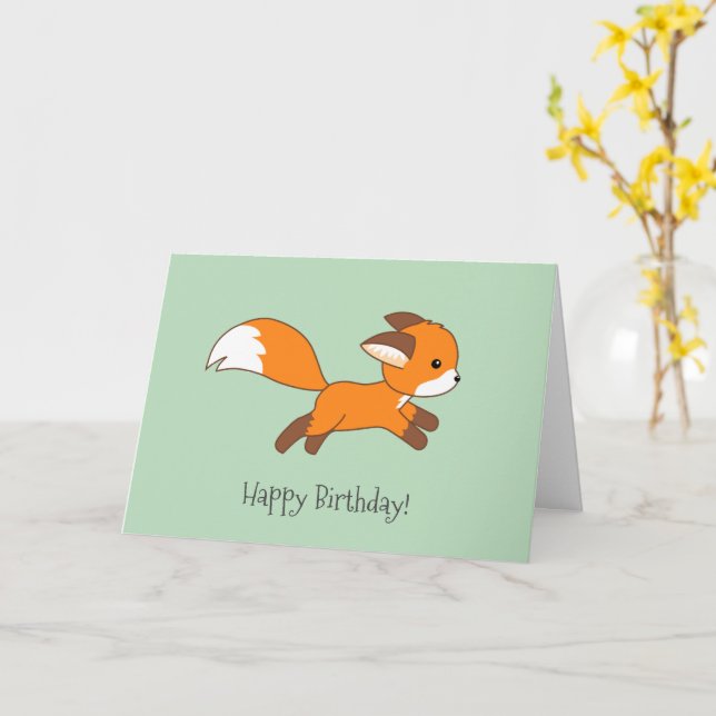 Cute Running Fox Green Birthday Card (Yellow Flower)