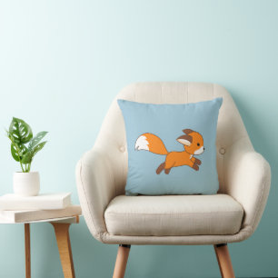 Cute Running Fox on Blue Throw Pillow
