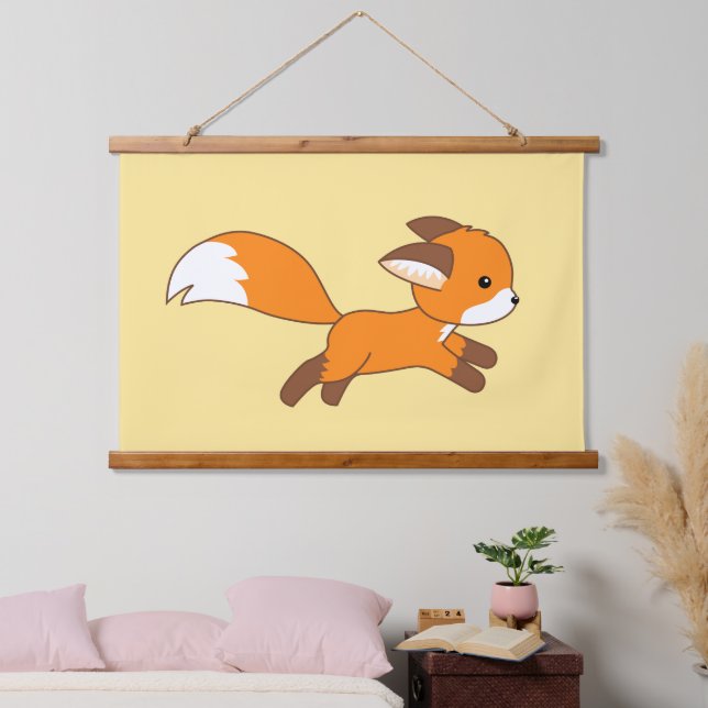 Cute Running Fox on Yellow Hanging Tapestry (Bedroom)