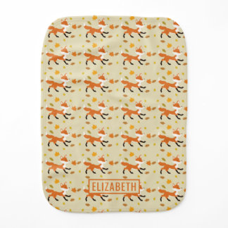 Cute Running Fox With Autumn Leaves &amp; Name Baby Burp Cloth