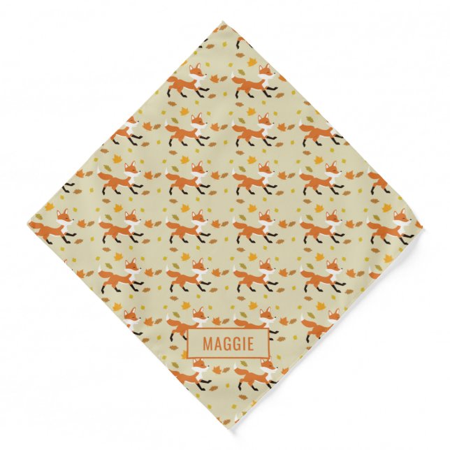 Cute Running Fox With Autumn Leaves & Name Bandana (Front)