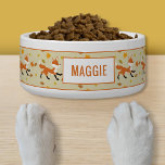 Cute Running Fox With Autumn Leaves & Name Bowl<br><div class="desc">Destei's original illustration of a cute and happy fox running together with some autumn leaves. There is also a personalizable text area for a name in orange color text.</div>