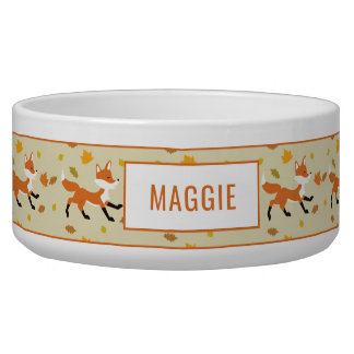 Cute Running Fox With Autumn Leaves &amp; Name Bowl