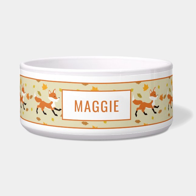 Cute Running Fox With Autumn Leaves & Name Bowl (Front)