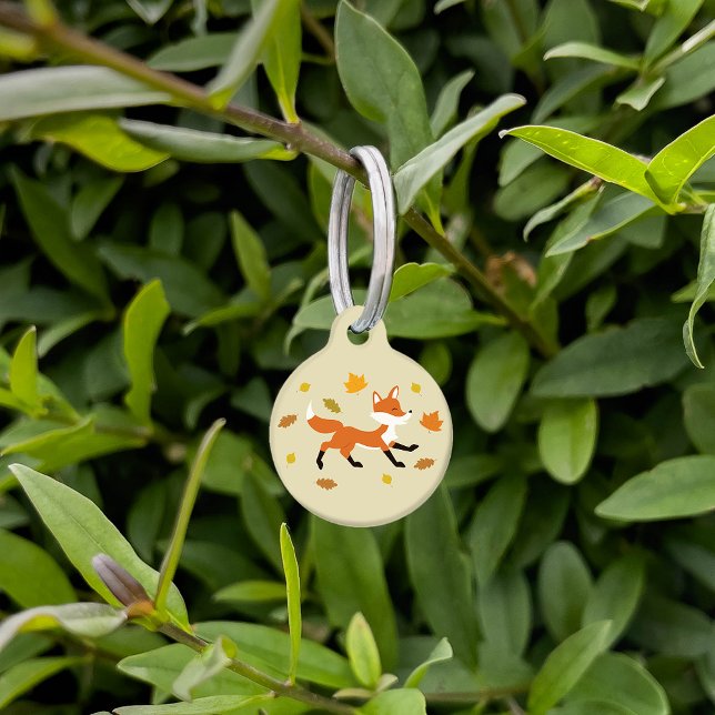 Cute Running Fox With Autumn Leaves & Pet's Info Pet ID Tag (Creator Uploaded)