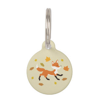 Cute Running Fox With Autumn Leaves & Pet's Info Pet ID Tag