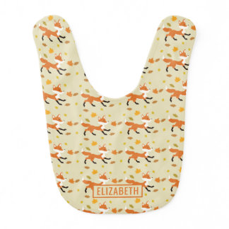 Cute Running Fox With Fall Leaves Pattern &amp; Name Baby Bib