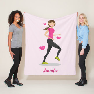 Cute Running Girl Illustration With Name Pink Fleece Blanket