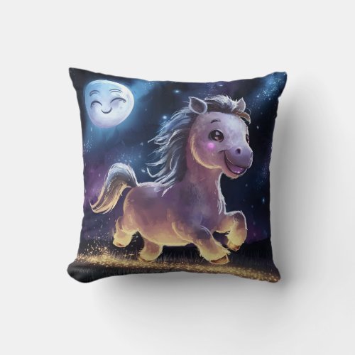 Cute Running Horse with Glowing Ground Full Moon Throw Pillow