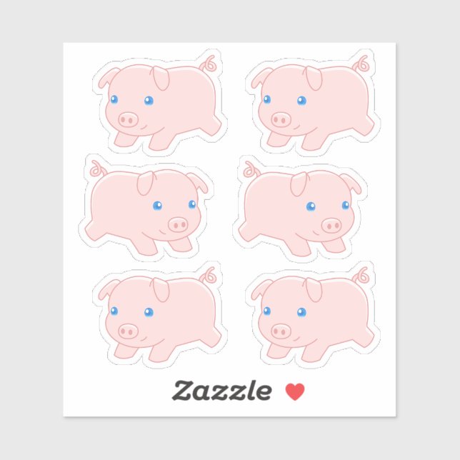 Cute Running Pig Piglet, Set of 6 Sticker (Sheet)