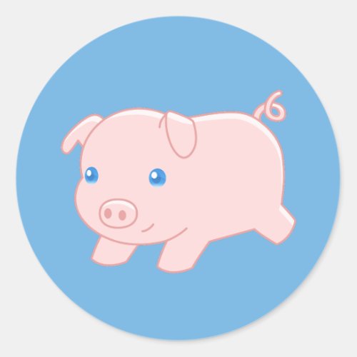 Cute Running Piglet Pig on Blue Classic Round Sticker