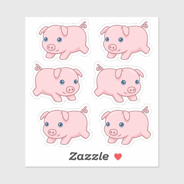 Cute Running Piglet Pig, Set of 6 Sticker (Sheet)