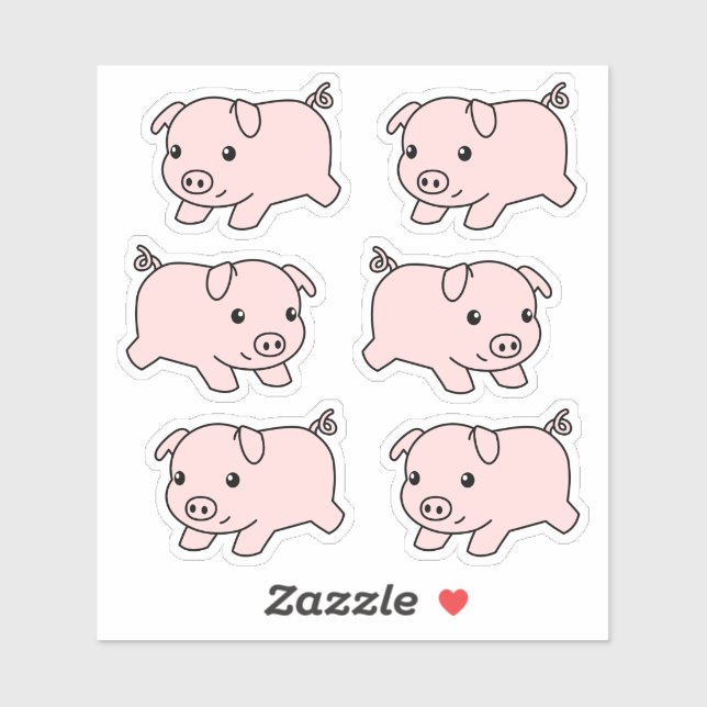 Cute Running Piglet Pig, Set of 6 Sticker (Sheet)