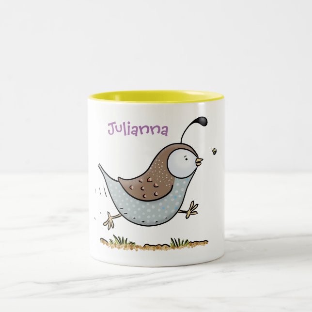 Cute running quail cartoon illustration Two-Tone coffee mug (Center)