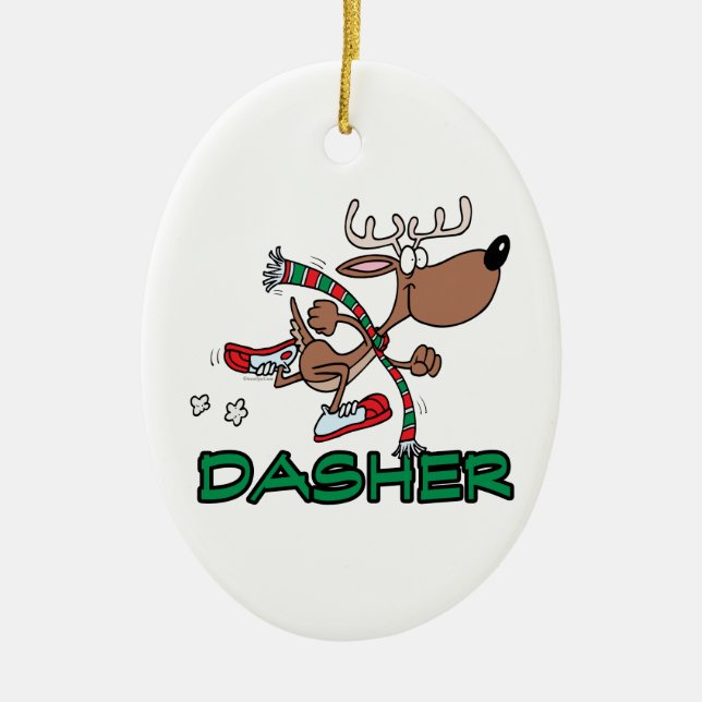 cute running reindeer DASHER cartoon Ceramic Ornament (Front)