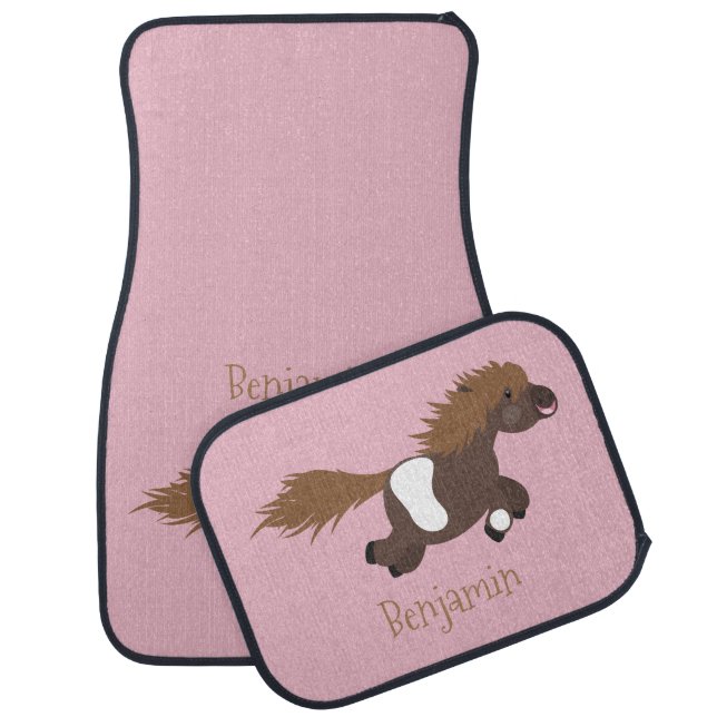 Cute running Shetland pony cartoon illustration Car Floor Mat (Set)