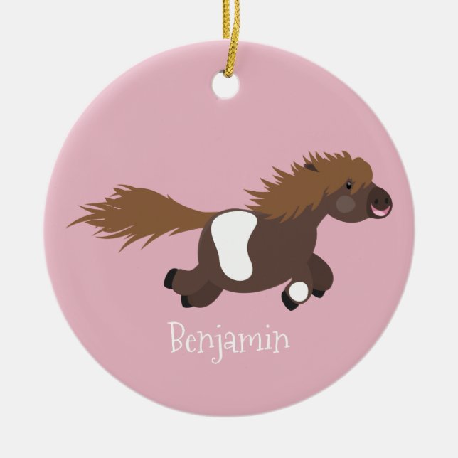 Cute running Shetland pony cartoon illustration Ceramic Ornament (Front)