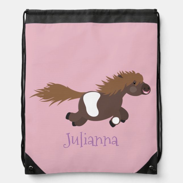 Cute running Shetland pony cartoon illustration Drawstring Bag (Front)