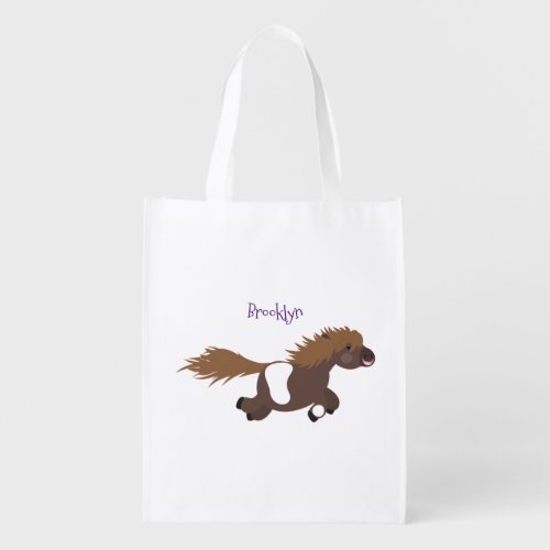 Cute running Shetland pony cartoon illustration Grocery Bag