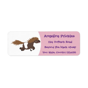 Cute running Shetland pony cartoon illustration Label