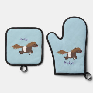 Cute running Shetland pony cartoon illustration Oven Mitt & Pot Holder Set