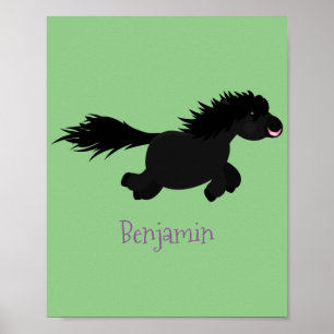 Cute running Shetland pony cartoon illustration Poster