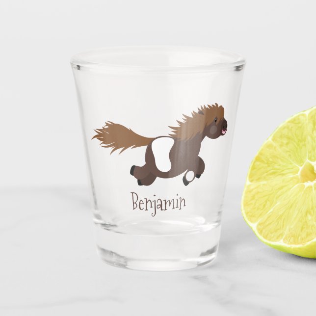Cute running Shetland pony cartoon illustration  Shot Glass (Front)