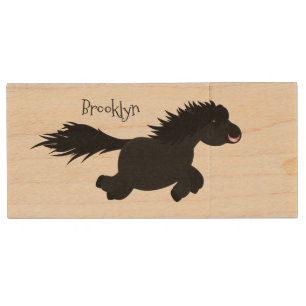 Cute running Shetland pony cartoon illustration Wood Flash Drive