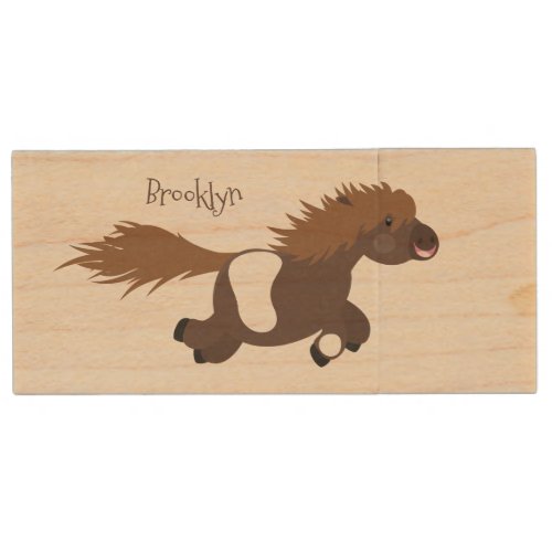 Cute running Shetland pony cartoon illustration Wood Flash Drive