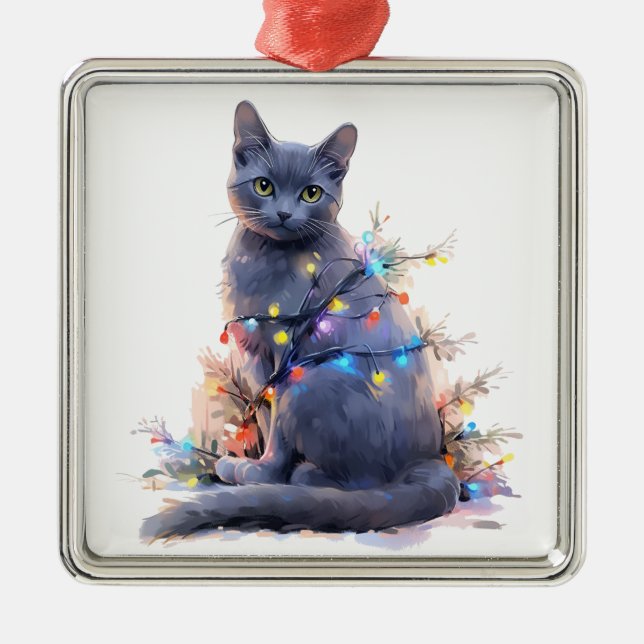 CUTE RUSSIAN BLUE CAT CHRISTMAS HOLIDAY LIGHTS METAL ORNAMENT (Front)