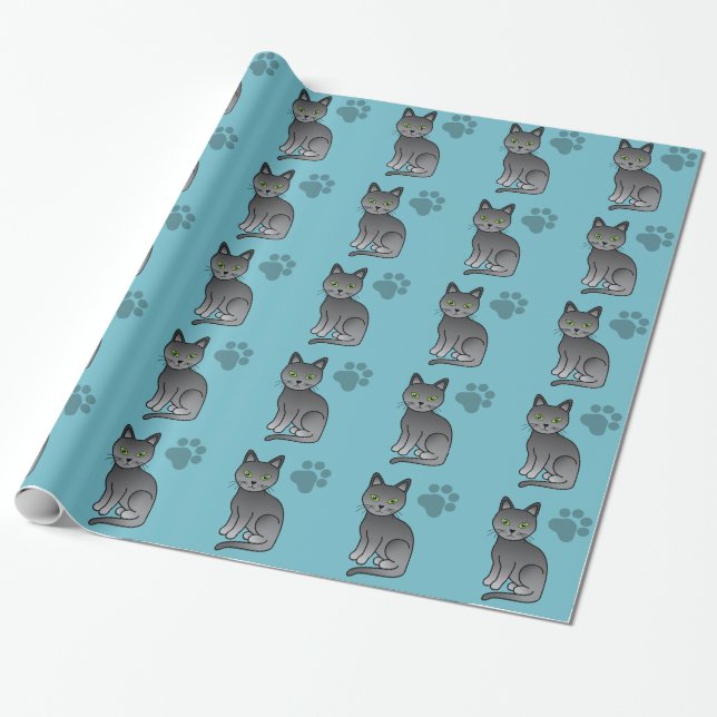 Cute Russian Blue Cat Pattern Wrapping Paper (Unrolled)