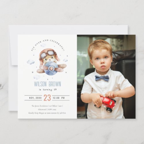 Cute Rust Blue Airplane Teddy Stars Photo Birthday Invitation