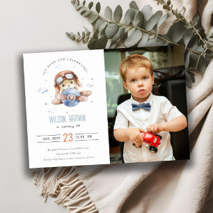Cute Rust Blue Airplane Teddy Stars Photo Birthday Invitation