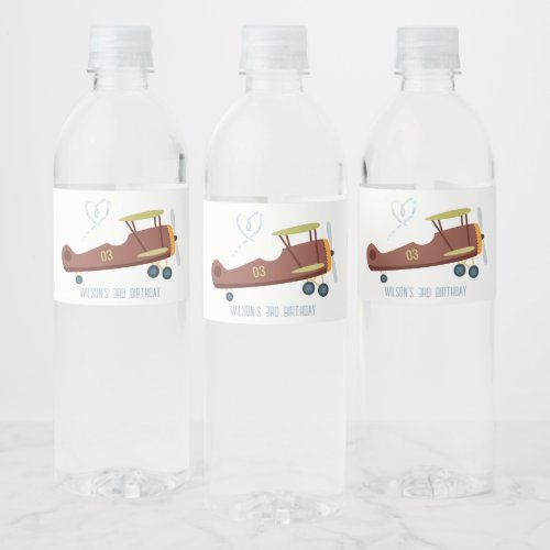 Cute Rust Blue Biplane Cloud Heart Kids Birthday Water Bottle Label