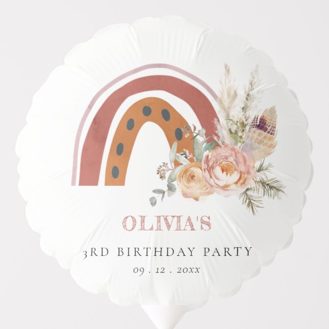 Cute Rust Boho Floral Rainbow Any Age Birthday Balloon (Front)