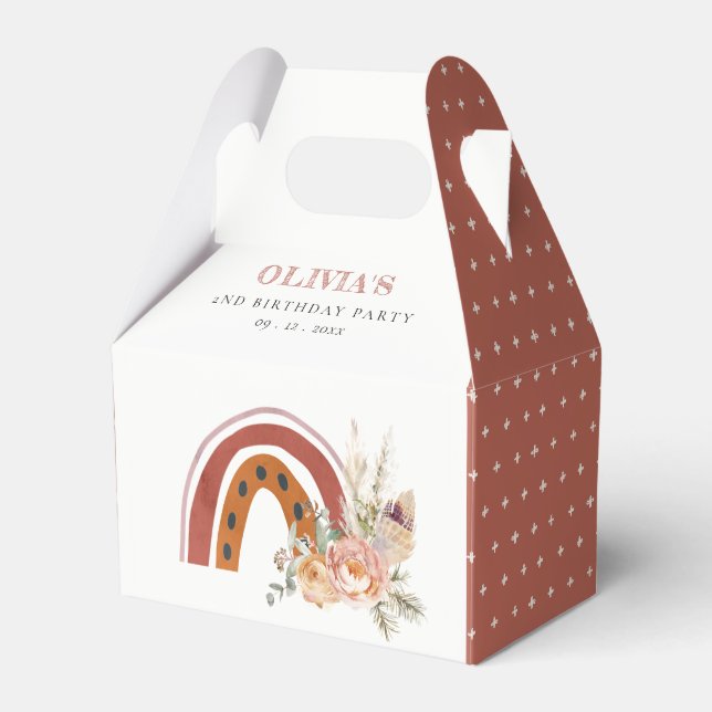 Cute Rust Boho Floral Rainbow Any Age Birthday Favor Boxes (Front Side)