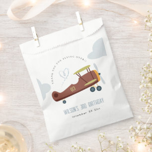 Cute Rust Green Blue Biplane Cloud Heart Birthday Favor Bag