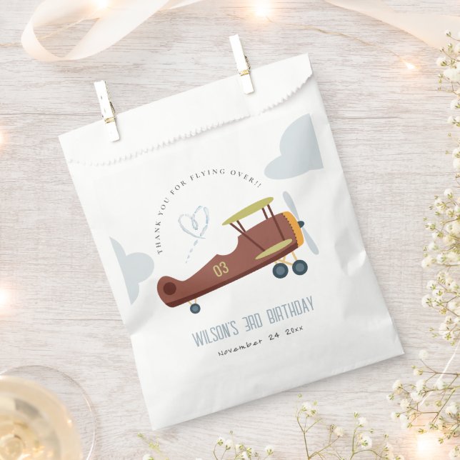 Cute Rust Green Blue Biplane Cloud Heart Birthday Favor Bag (Clipped)