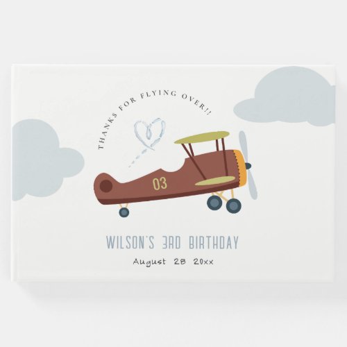 Cute Rust Green Blue Biplane Cloud Heart Birthday Guest Book