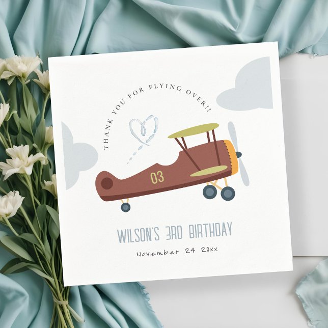 Cute Rust Green Blue Biplane Cloud Heart Birthday Napkins (Creator Uploaded)