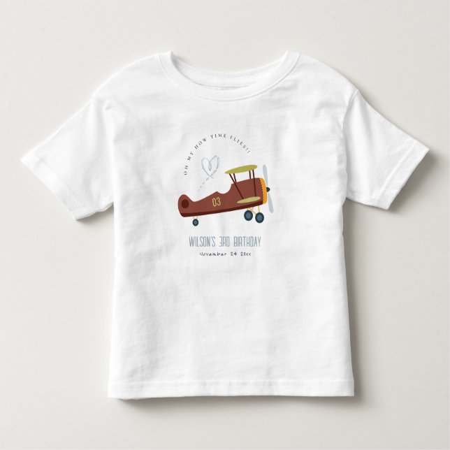 Cute Rust Green Blue Biplane Cloud Heart Birthday Toddler T-shirt (Front)