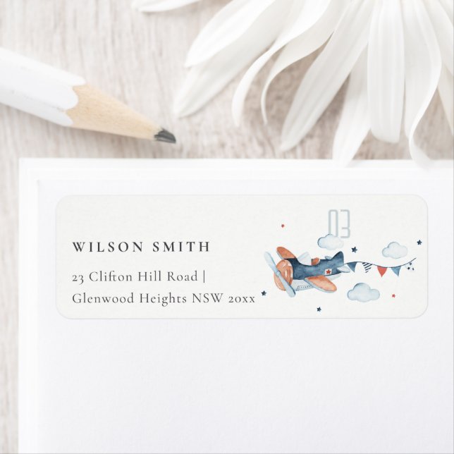 Cute Rust Navy Kid Plane Clouds Stars Address Label (Insitu)
