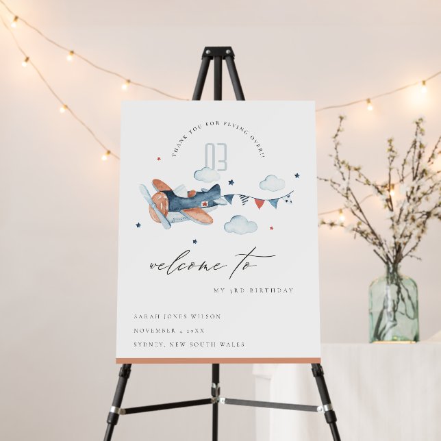 Cute Rust Navy Kids Plane Stars Birthday Welcome Foam Board (In Situ (Stand))
