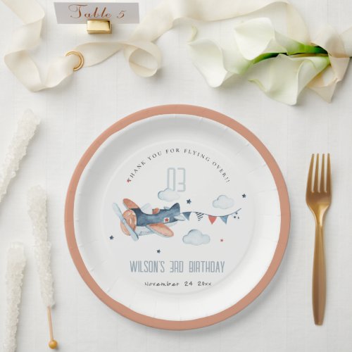 Cute Rust Navy Kids Plane Stars Sky Cloud Birthday Paper Plates