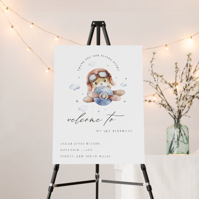 Cute Rust Navy Kids Plane Teddy Birthday Welcome Foam Board (In Situ (Stand))