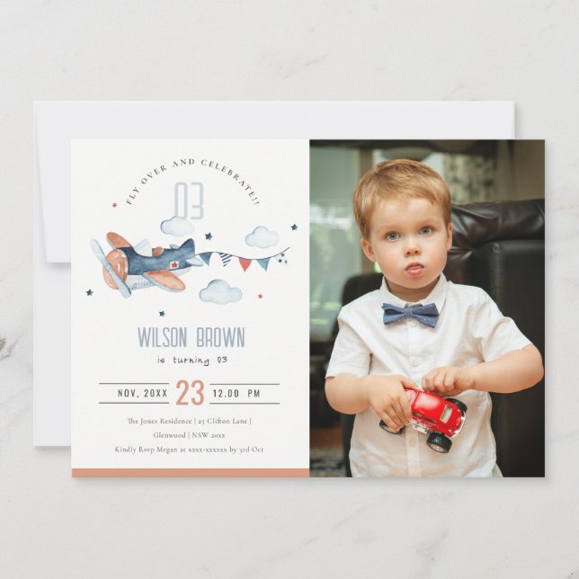 Cute Rust Navy Plane Cloud Photo Birthday Invite (Front)