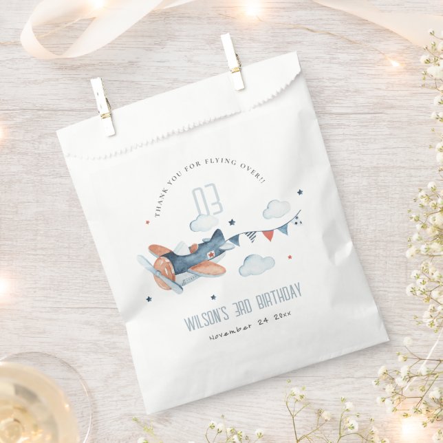 Cute Rust Navy Plane Cloud Stars Sky Birthday Favor Bag (Clipped)